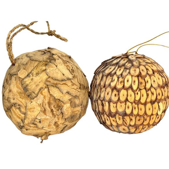 Pair of Unique Wood Slice Ball Ornaments 4" Natural Material Rustic Sustainable - Picture 1 of 5
